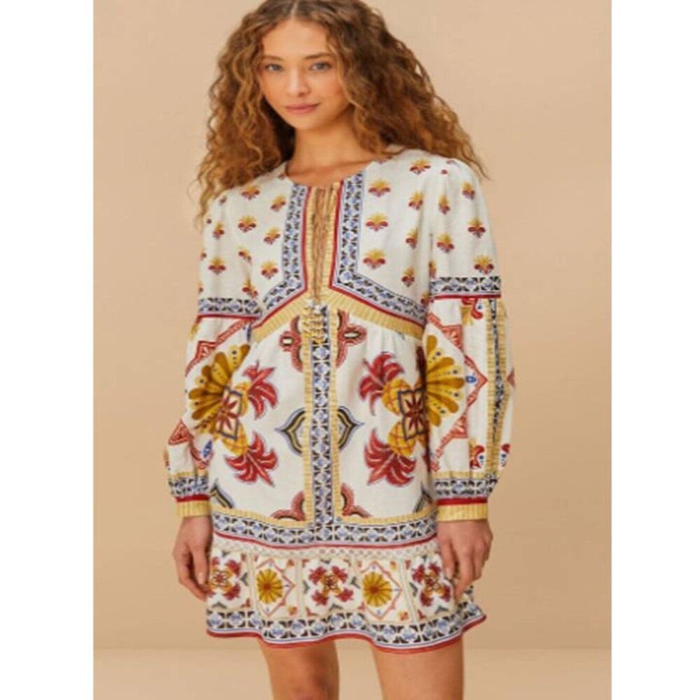 Farm Rio Marys Tiles Mini Dress Linen Blend Whimsy Off White Tones Ecovero